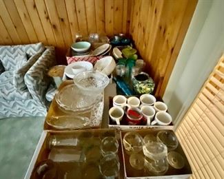 Vintage and modern plates, bowls, cups