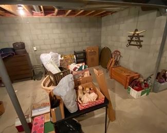 MCM dresser, sled, toy box.  Baskets, holiday decor, table, bookshelf, rocker, coolers and more. 