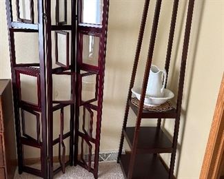 A photo floor stand that could be used as a room divider, A very interesting 3 shelf coat rack. Shoes on the bottom shelf, gloves on the middle shelf and your hat on the top shelf... NOTE the English bowl and pitcher set.