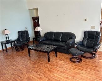 Here you have the almost brand new condition & very relaxing Stressless Ekoness chairs w/ ottomans and the black couch, coffee table, the two occasional tables with a pair of lamps.