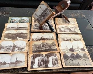 stereo viewer w/40 plus stereo cards including the wreck of the battleship Maine, railroad, St Louis World’s Fair…, Keystone stereo cards, many have dates in the late 1890's.