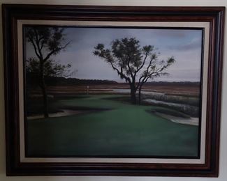 Framed painting of golf course 