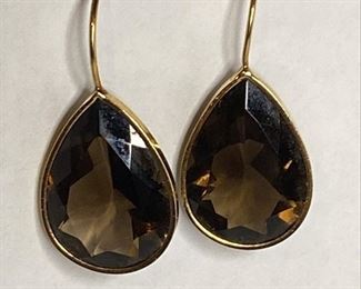 NC653 14 K GOLD, FISHHOOK EARRINGS WITH LARGE SMOKEY QUARTZ TEARDROP GEM