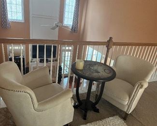 Pair upholstered chairs and table