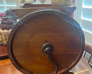 Antique Joseph Breck & Sons wooden barrel table top butter churn
