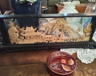 Incredible vintage 3-D Chinese cork carving diorama in a glass case