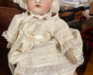 ANTIQUE EUROPEAN BISQUE DOLL MARKED DEP LEATHER BODY OPEN MOUTH UPPER TEETH SLEEP EYES