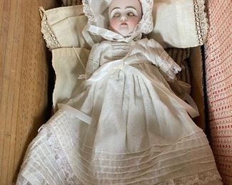 ANTIQUE EUROPEAN BISQUE DOLL MARKED DEP LEATHER BODY SLEEP EYES OPEN MOUTH UPPER TEETH