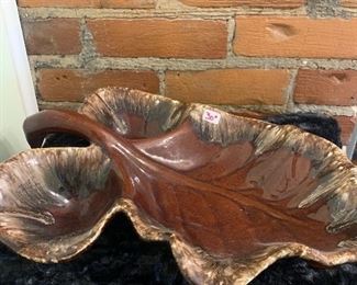 2 - Oven proof large brown dip glazed leaf serving platter 14”