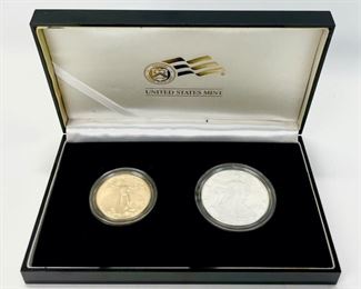 2006-W U.S. Mint American Eagle 20th Anniversary Uncirculated 1 Oz. .9167 Gold & 1 Oz. .999 Silver Coin Set W/ Box & Certificate Of Authenticity