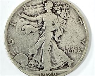 1929-S Walking Liberty Half Dollar - The coin was stuck in 12.5g of .900 silver at the San Francisco mint. The coin is from the starting year of the Great Depression and is in good condition