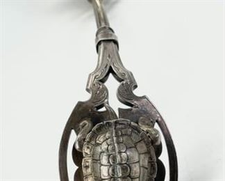 423 Grams Fine Antique George Sharp 900 Silver Reticulated Ladle Spoon W/ Figural Turtle Motif