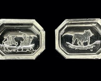 2 Antique Glass Intaglio Bulldog & Horse Croquet Scene 2.75" Salt Dishes