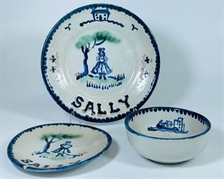 M.A Hadley VINTAGE SALLYS HOURWIEHES POTTERY STONEWARE HAND PAINTED DECORATIVE PLATES AND BOWL