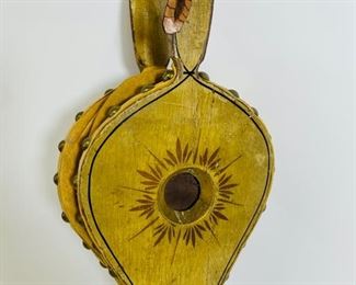 Antique WOODEN HAND PAINTED LEATHER & Brass Fireplace Bellow 