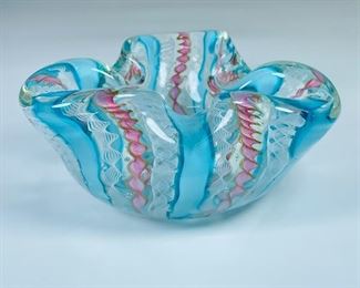 Rare Murano Zanfirico Style Latticino pink & blue Ribbon Glass polish pontil Scalloped bowl Ashtry