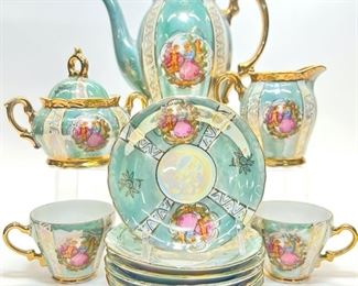 Courting Couple Demitasse Tea/Coffee Cup, Saucer, Lidded Tea Pot, Sugar Jar, and Creamer Set Made in Japan 