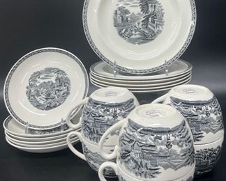 Wedgwood Lugano of Etruria Black Transferware Plates, Mugs, & Bow