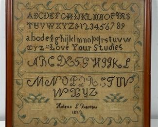 Antique American Needlework Sampler. Dated 1822 by Helena L Bartow