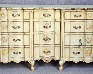Vintage French Provincial Serpentine Front Hand Painted Chest of Drawers Hand Painted Flowers