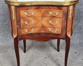 Vintage French Marble Top Inlaid wood Accent Side Table Fancy Ormolu Hardware