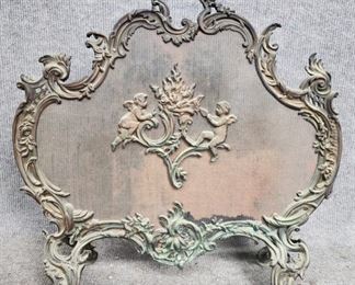 Fancy Antique Putti Cherub & Scrolls Fireplace Screen
