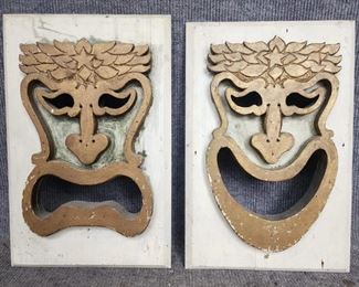 Pair Vintage Hand Carved Happy & Sad Tribal Wall Hanging Artwork possibly from a cinema or stage set