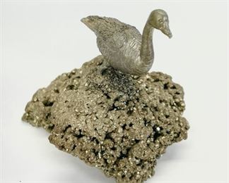 Vintage 2" Duck Figurine On Pyrite Mineral Rock