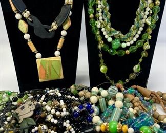 Vintage Statement Costume Jewelry Lot: Rhinestone, Wooden, Glass, Faux Pearl, & Gemstone Necklaces 