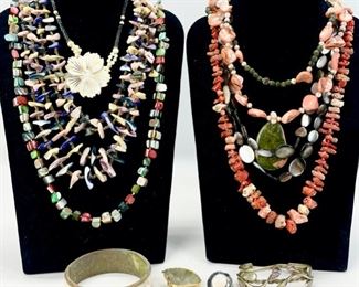 Lovely Genuine Coral, MOP, & Black Mother Of Pearl Statement Necklaces & Inlaid Bangle Bracelets