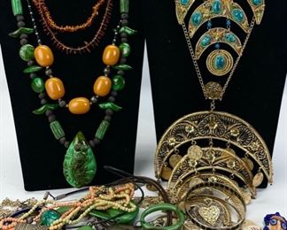 Vintage Tribal Statement Piece Gilt & Wooden Beaded Costume Jewelry: Cloisonne Bangle Bracelets, Egyptian Revival Gilt Necklaces, Asian Bone Filigree Bracelet, & More!