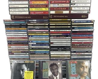 Collection of Jazz, Pop, and Folk CDs and Cassette Tapes - About 150 Discs and 20 Cassettes with Artists Including Nat King Cole, The Beach Boys, Frank Sinatra, Jim Croce, Ricky Nelson, and More