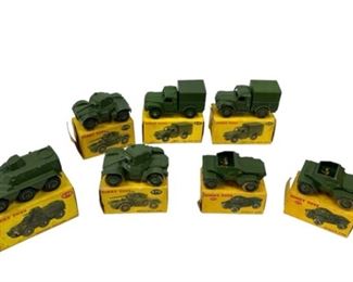 Seven Antique Dinky Supertoys Military Vehicles w/Original Boxes - All look to be in good condition. Boxes are a bit moldy and in OK condition.