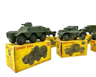 Seven Antique Dinky Supertoys Military Vehicles w/Original Boxes - All look to be in good condition. Boxes are a bit moldy and in OK condition.