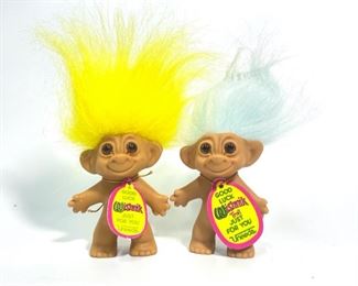 Good Luck Wishnik Troll Dolls - Set of 2 with Blue and Yellow Hair - Uneeda - Height includes hair!