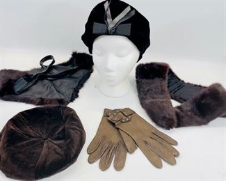 Two Velvet Skullcaps And Vintage Fancy Real Fur Collar, Hat & Ilive Green Leather Gloves