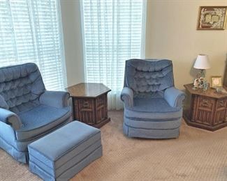 Blue upholstered swivel rocker chairs 