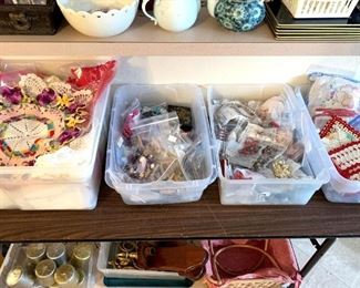 Vintage doilies and costume jewelry