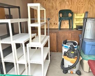 Shelving, shop vacs, tubs, etc.