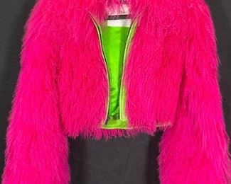 ORIGINAL CUSTOM MARC JACOBS FOR NEIMAN MARCUS, HOT PINK CROPPED NEW ZEALAND KNOJI ON LIME GREEN FLORESCENT LEATHER- ROCK STAR!!!!