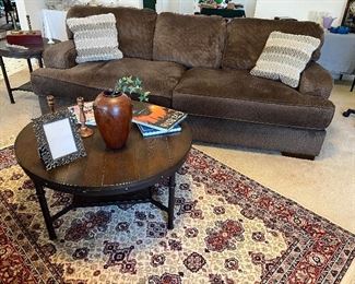 Wood Couristan rug, 5.6 x 8.6. Coffee table, pair of side tables. 