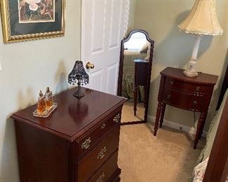 Alabaster lamp, pair of side tables, 3 drawer mahogany chest by Kimball