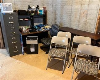 Computer desk, file cabinet, shredder, misc office, folding chairs