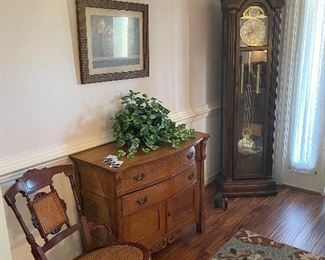 Pearl grandfather clock, walnut Victorian nursing rocker, oak wash stand