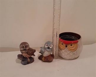 Owl decor. Candle holder and ceramic owl figurines (4  & 5 in tall)