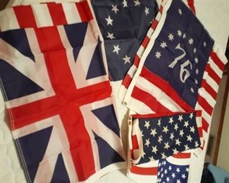 American flags, British flag and a poster