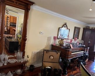 hat trunk, peer mirror, 1850s rosewood piano, leaded crystal