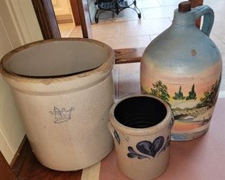 stoneware crocks: Crocks: 3 Gallon Blue Crown Ransbottom, 1 gallon blue heart and NA White & Son painted jug