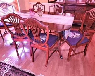 Duncan Phyfe style table, harp back - needlepoint chairs