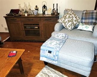 Rooms to go Chair and Ottoman and matching sofa.  Media table